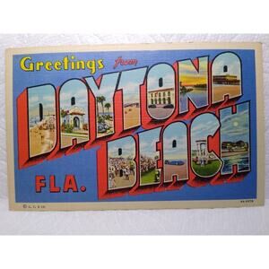 Greetings From Daytona Beach Florida Large Letter Linen Postcard Curt Teich